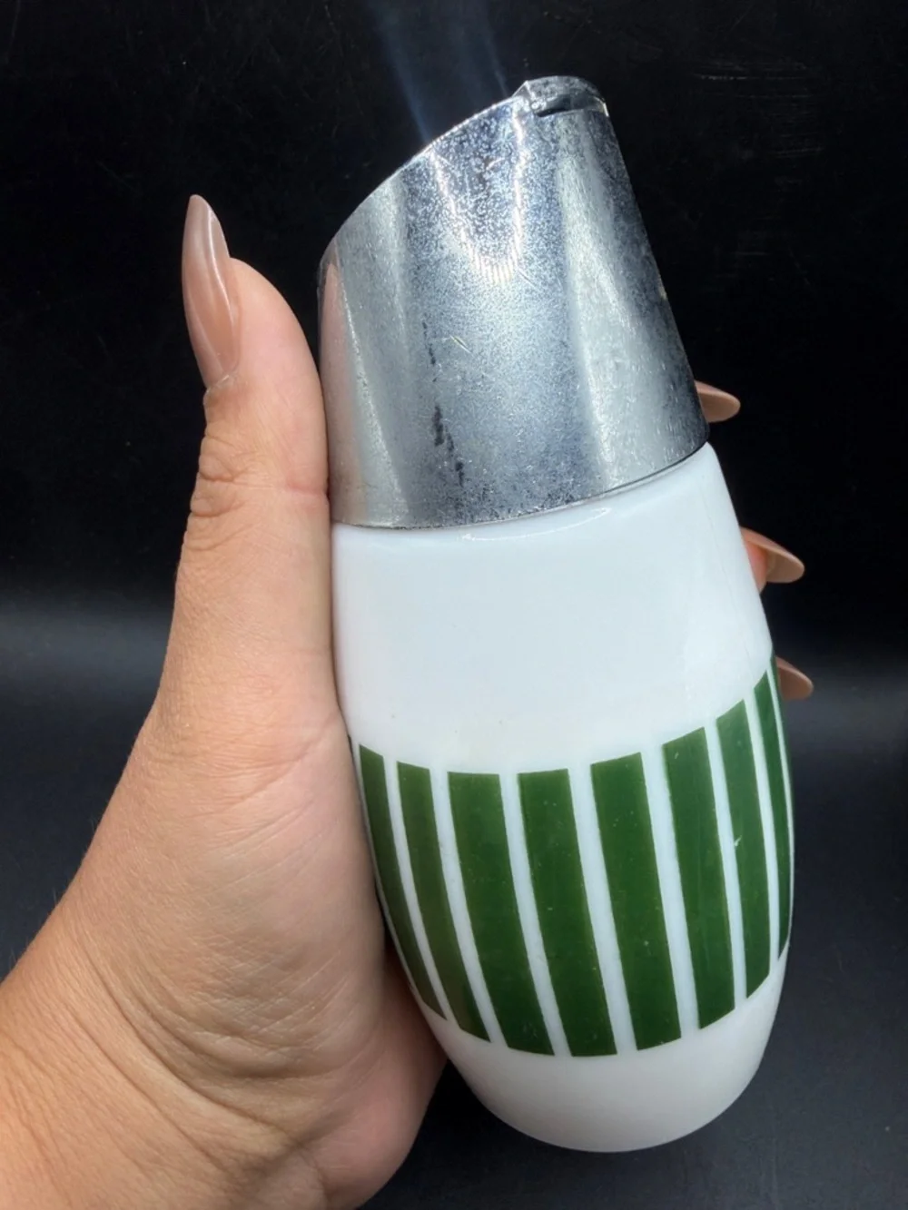 Gemco Westinghouse Green & White Striped MCM Vintage Glass & Metal Sugar Shaker